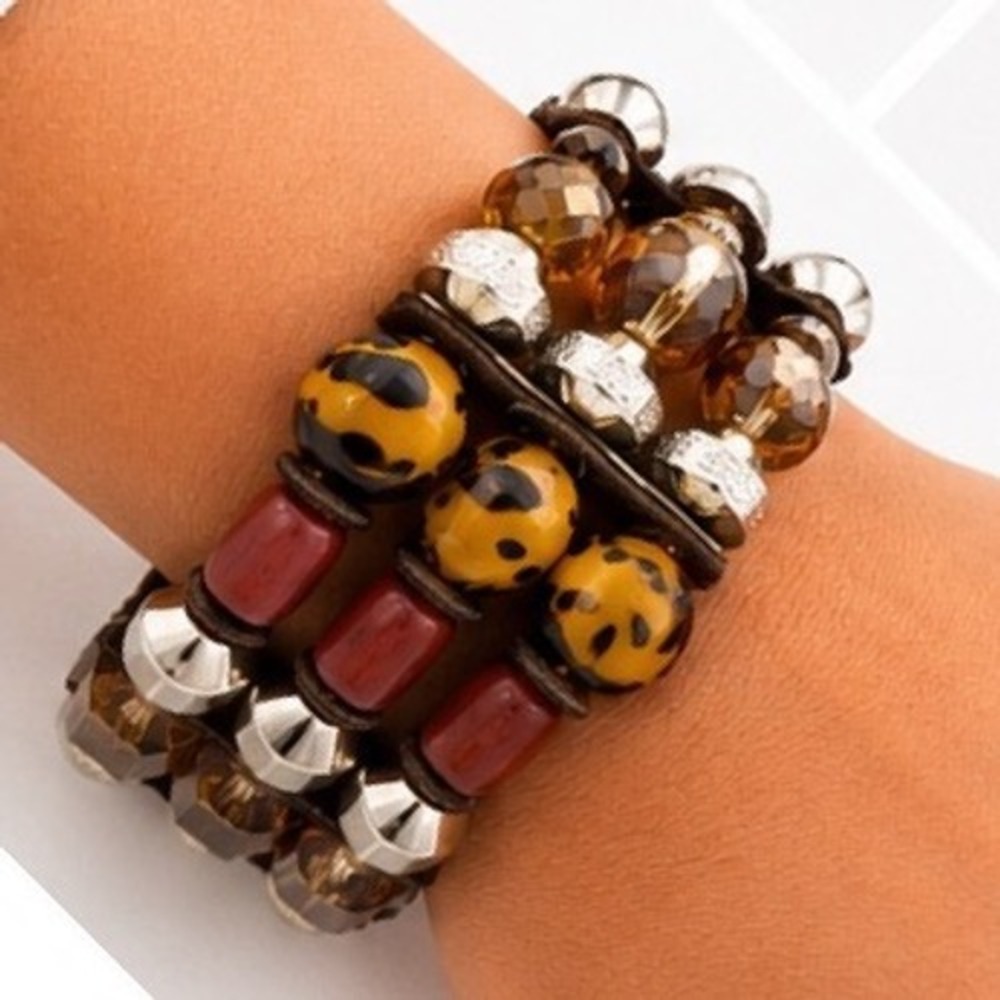 Bohemian Triple Strand leopard Cuff Bracelet Honey Carmel Tones Print SBead